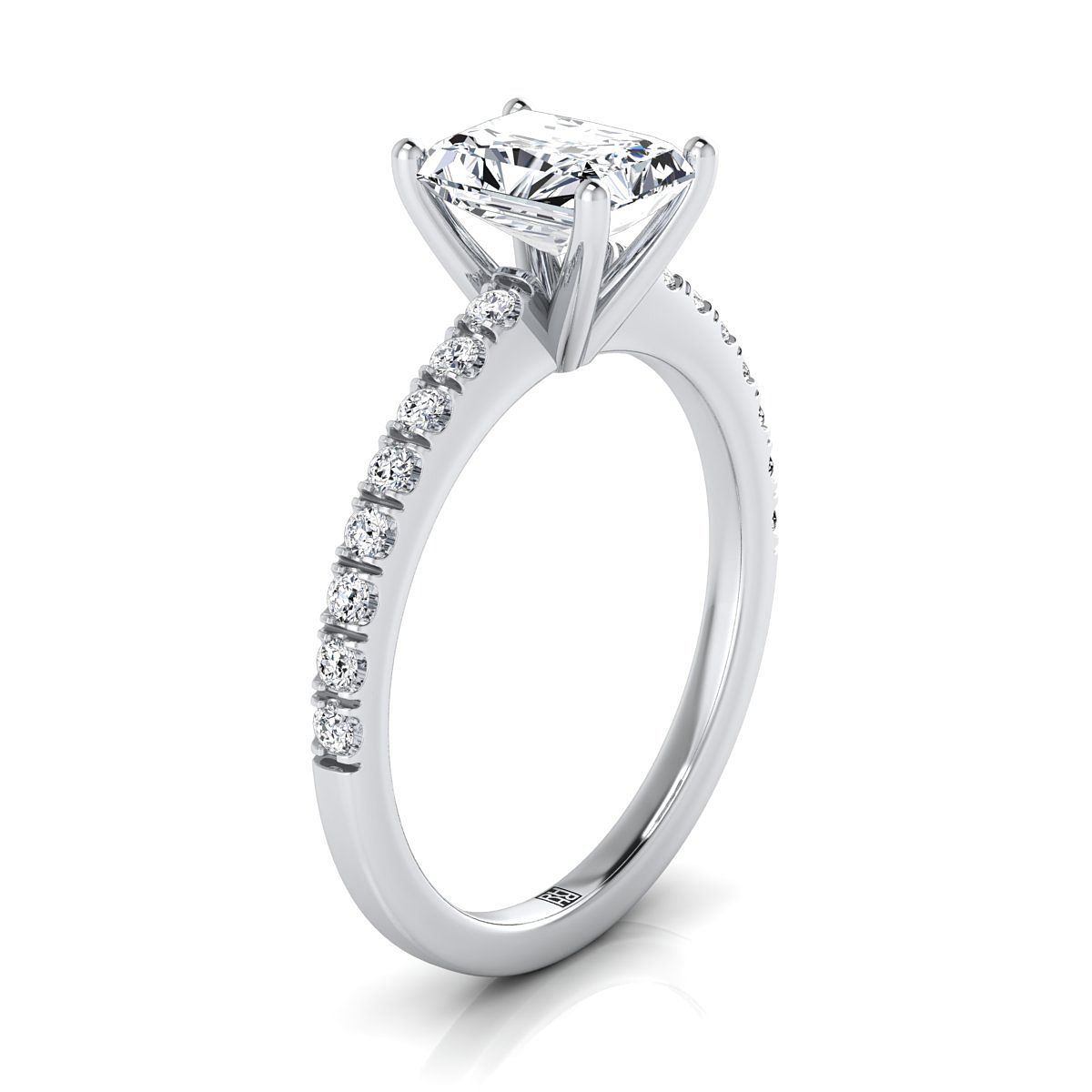 14K White Gold Radiant Cut Center Simple Linear Diamond Pave Engagement Ring -1/5ctw