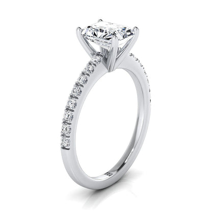 18K White Gold Radiant Cut Center Simple Linear Diamond Pave Engagement Ring -1/5ctw