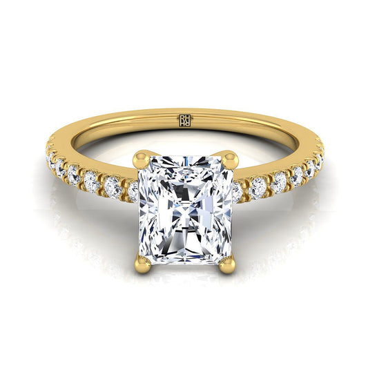 18K Yellow Gold Radiant Cut Center Simple Linear Diamond Pave Engagement Ring -1/5ctw