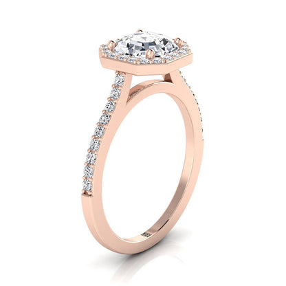 14K Rose Gold Asscher Cut Classic French Pave Diamond Halo and Linear Engagement Ring -1/3ctw