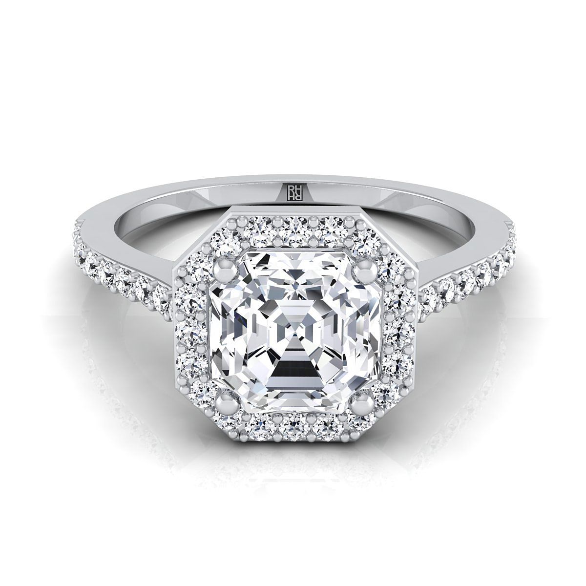 14K White Gold Asscher Cut Classic French Pave Diamond Halo and Linear Engagement Ring -1/3ctw