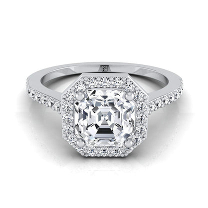 Platinum Asscher Cut Classic French Pave Diamond Halo and Linear Engagement Ring -1/3ctw