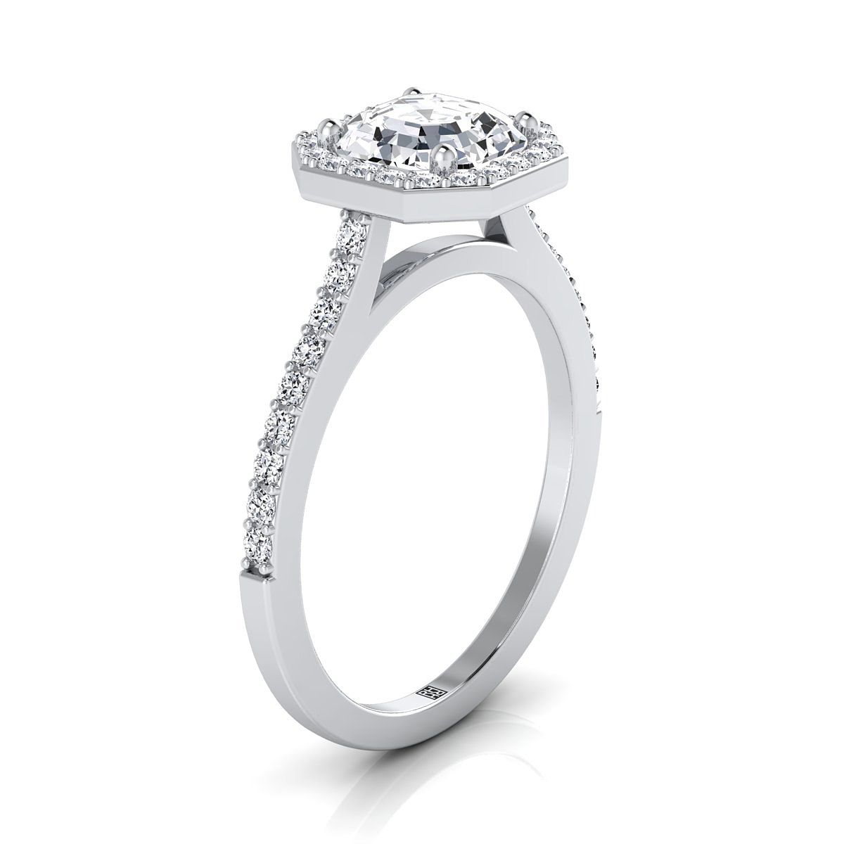 Platinum Asscher Cut Classic French Pave Diamond Halo and Linear Engagement Ring -1/3ctw
