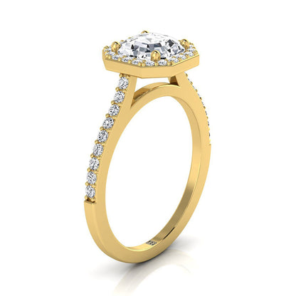 18K Yellow Gold Asscher Cut Classic French Pave Diamond Halo and Linear Engagement Ring -1/3ctw