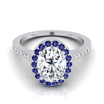 Platinum Oval Classic French Pave Blue Sapphire Halo and Linear Engagement Ring -1/6ctw