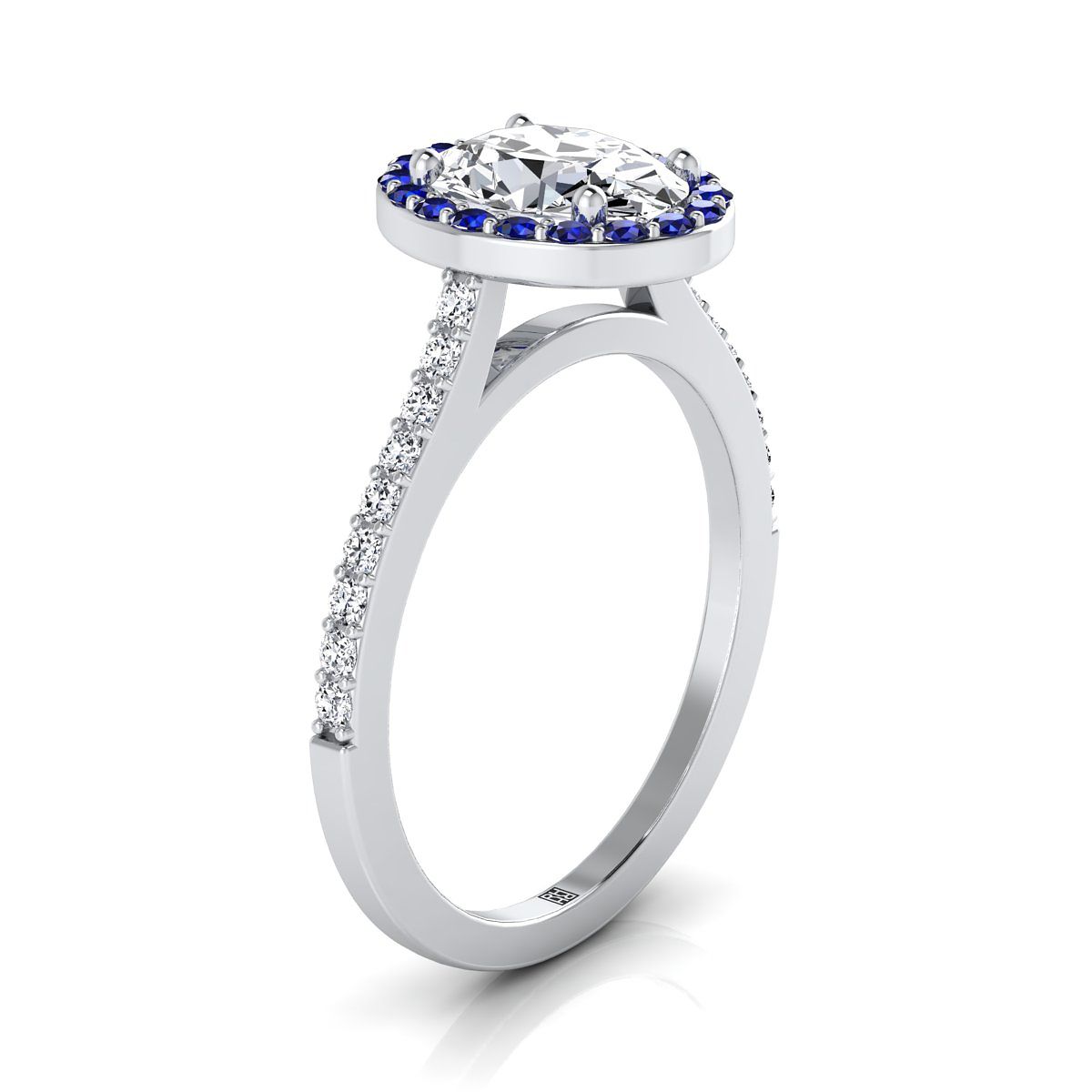14K White Gold Oval Classic French Pave Blue Sapphire Halo and Linear Engagement Ring -1/6ctw