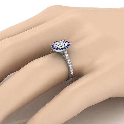 14K White Gold Oval Classic French Pave Blue Sapphire Halo and Linear Engagement Ring -1/6ctw