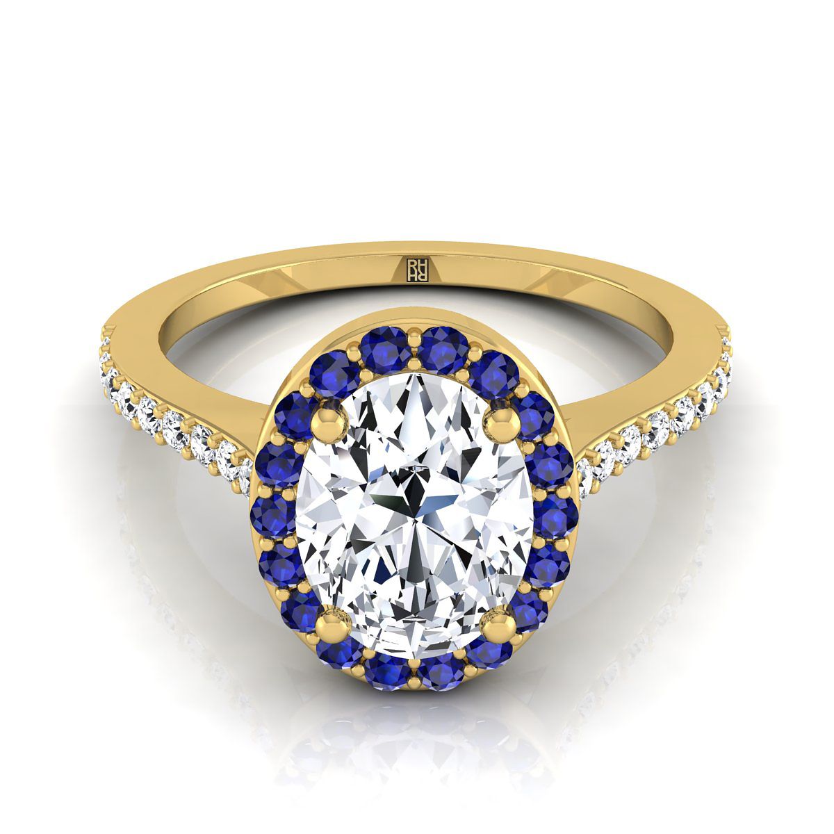 18K Yellow Gold Oval Classic French Pave Blue Sapphire Halo and Linear Engagement Ring -1/6ctw