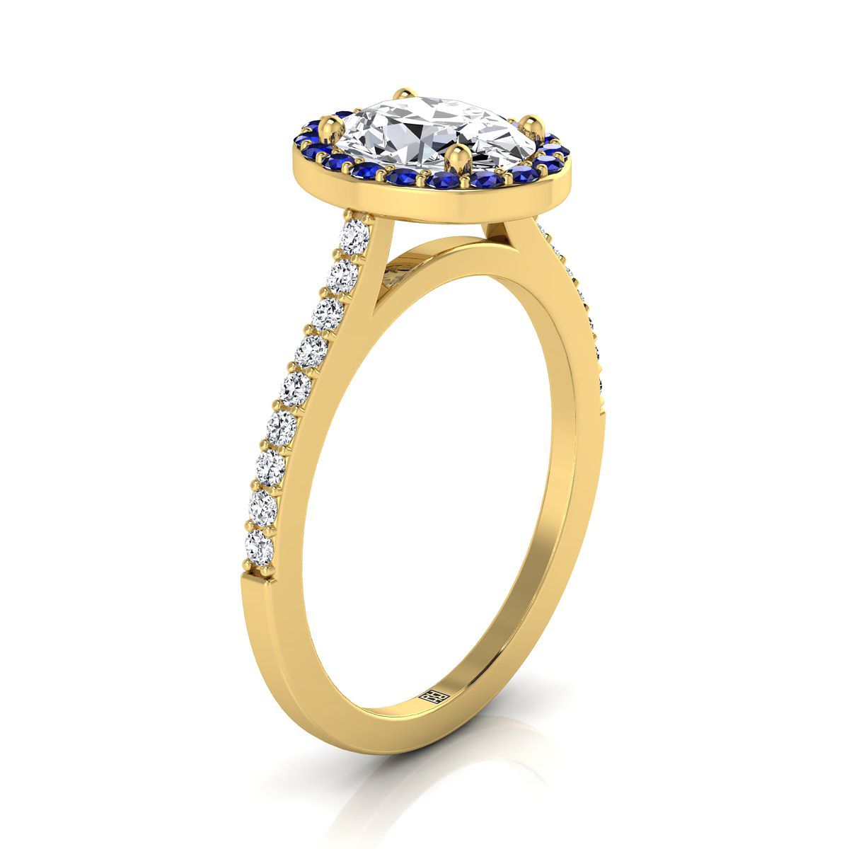 18K Yellow Gold Oval Classic French Pave Blue Sapphire Halo and Linear Engagement Ring -1/6ctw