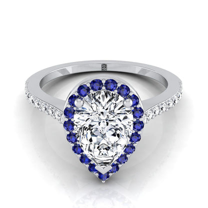 18K White Gold Pear Shape Center Classic French Pave Blue Sapphire Halo and Linear Engagement Ring -1/6ctw