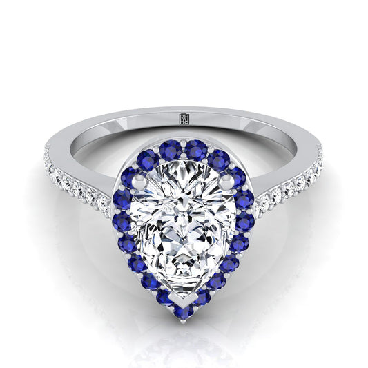 14K White Gold Pear Shape Center Classic French Pave Blue Sapphire Halo and Linear Engagement Ring -1/6ctw