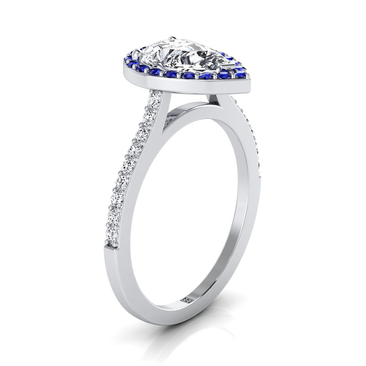 18K White Gold Pear Shape Center Classic French Pave Blue Sapphire Halo and Linear Engagement Ring -1/6ctw