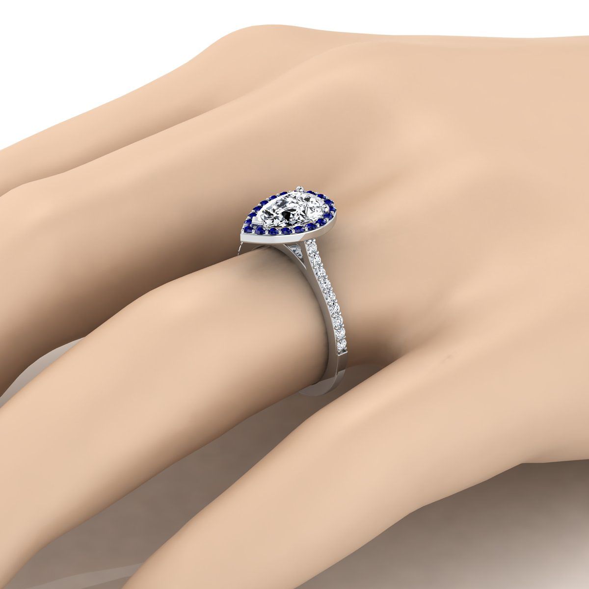 14K White Gold Pear Shape Center Classic French Pave Blue Sapphire Halo and Linear Engagement Ring -1/6ctw