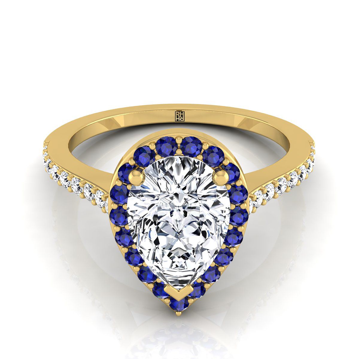 14K Yellow Gold Pear Shape Center Classic French Pave Blue Sapphire Halo and Linear Engagement Ring -1/6ctw