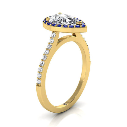 18K Yellow Gold Pear Shape Center Classic French Pave Blue Sapphire Halo and Linear Engagement Ring -1/6ctw