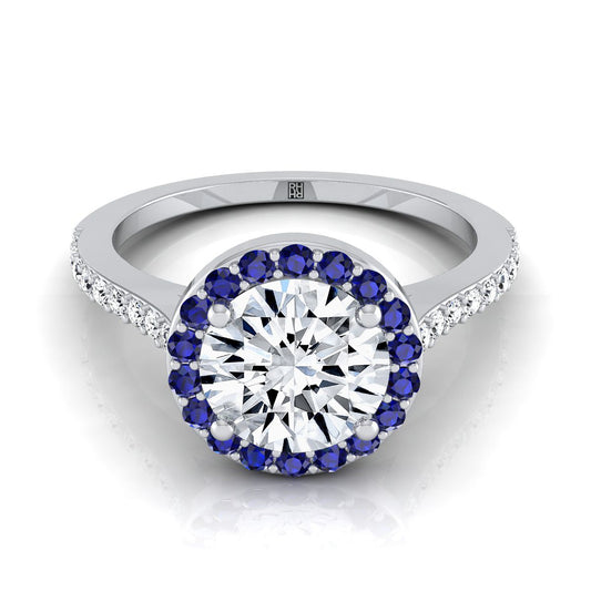 14K White Gold Round Brilliant Classic French Pave Blue Sapphire Halo and Linear Engagement Ring -1/6ctw