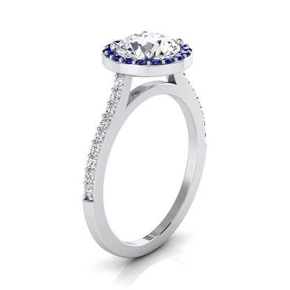 14K White Gold Round Brilliant Classic French Pave Blue Sapphire Halo and Linear Engagement Ring -1/6ctw