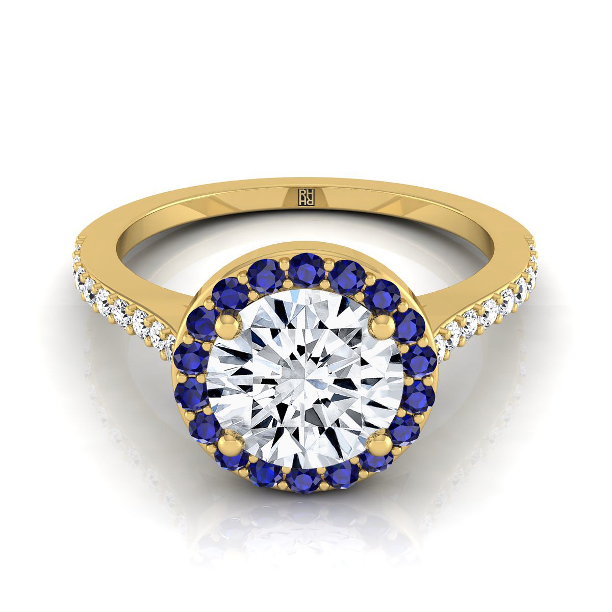 18K Yellow Gold Round Brilliant Classic French Pave Blue Sapphire Halo and Linear Engagement Ring -1/6ctw