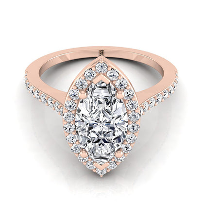 14K Rose Gold Marquise  Classic French Pave Diamond Halo and Linear Engagement Ring -1/3ctw