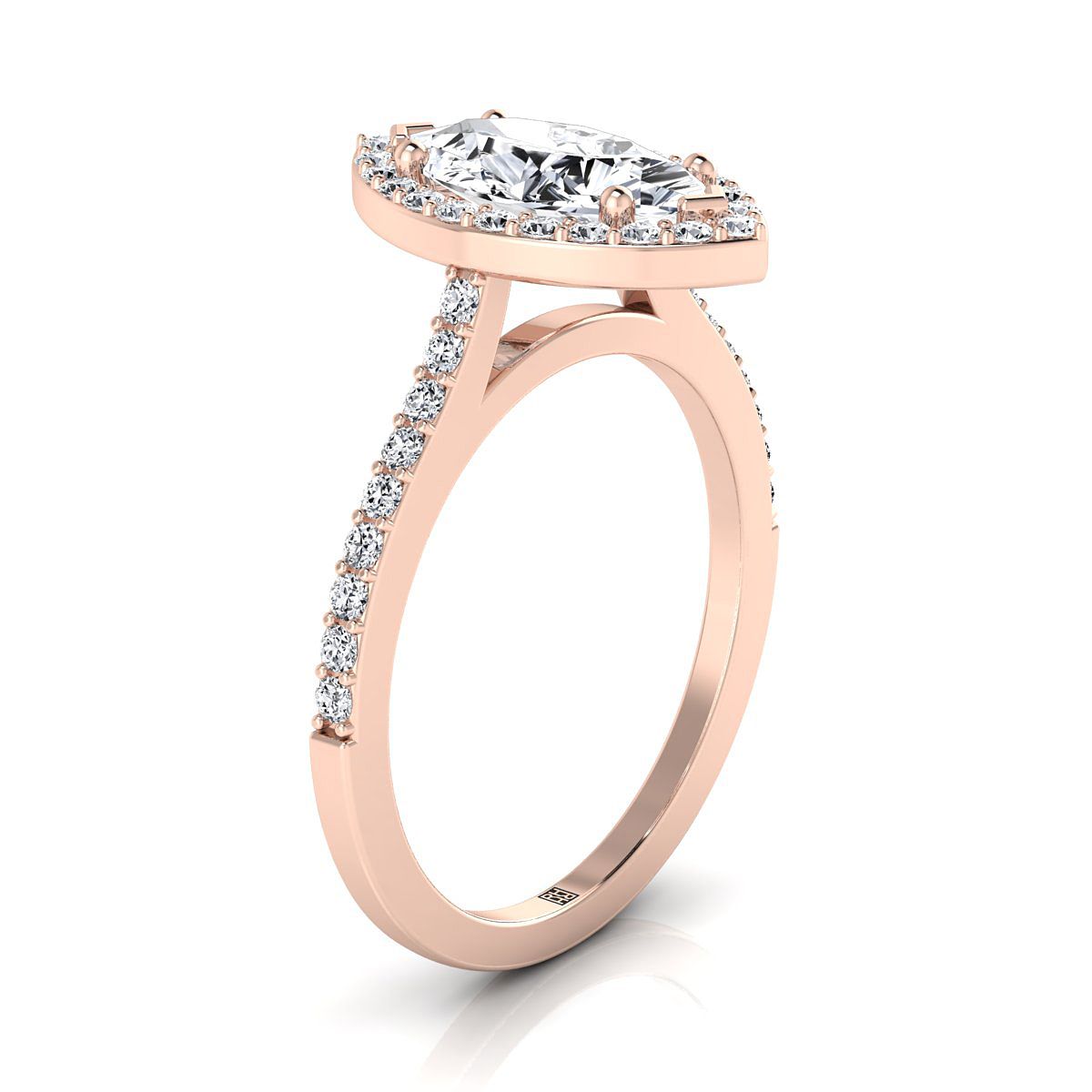 14K Rose Gold Marquise  Classic French Pave Diamond Halo and Linear Engagement Ring -1/3ctw