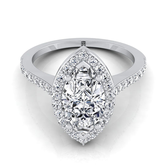 Platinum Marquise  Classic French Pave Diamond Halo and Linear Engagement Ring -1/3ctw