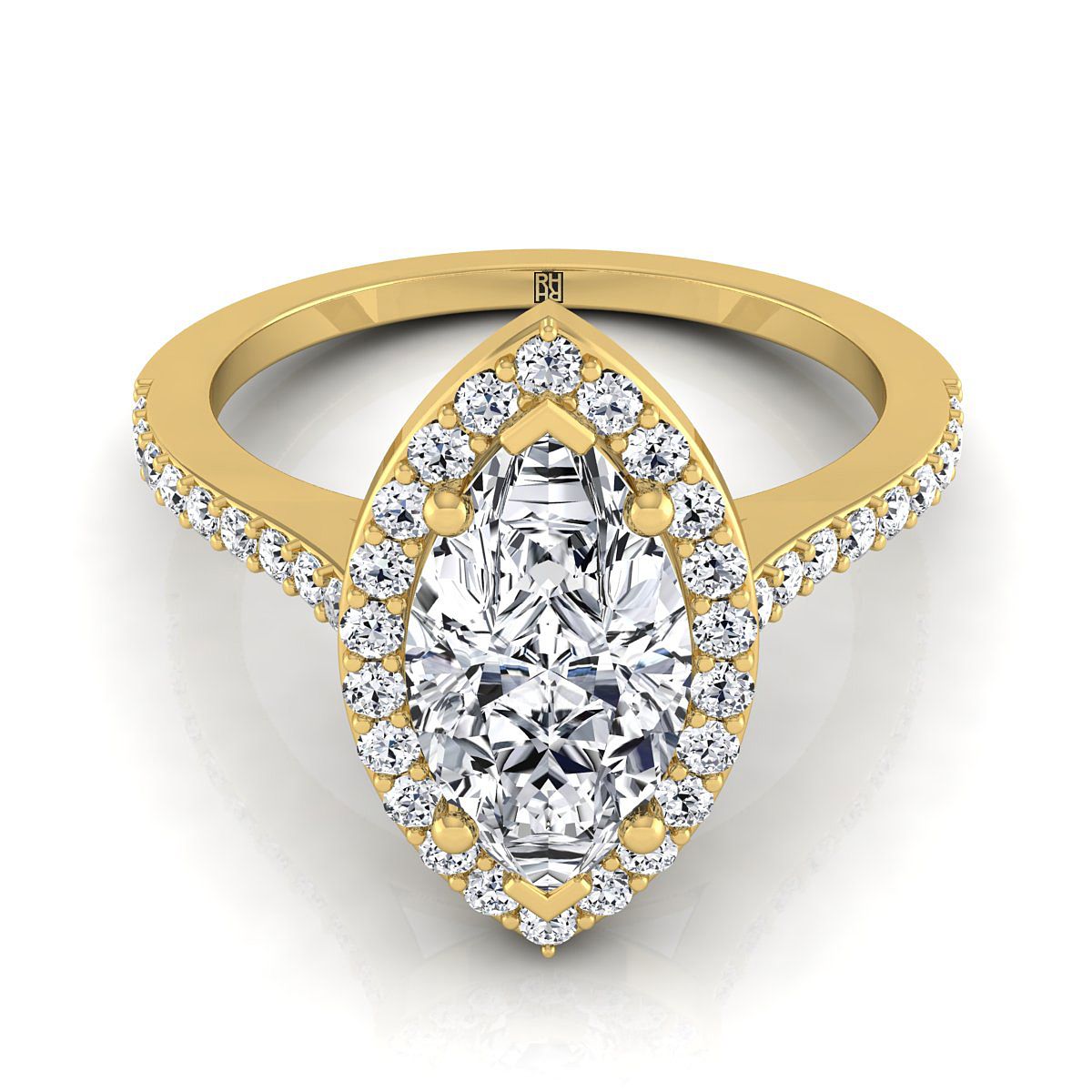 14K Yellow Gold Marquise  Classic French Pave Diamond Halo and Linear Engagement Ring -1/3ctw