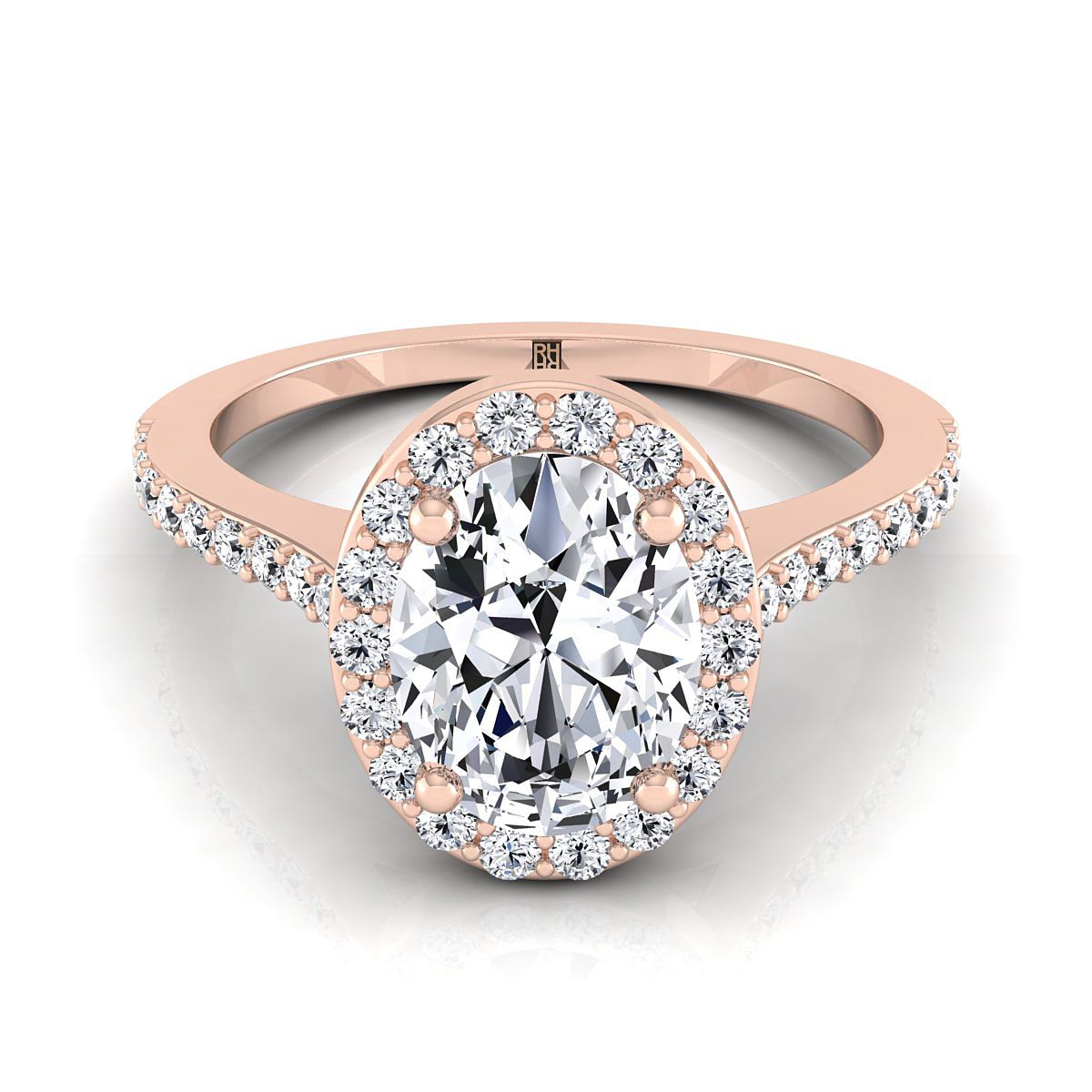 14K Rose Gold Oval Classic French Pave Diamond Halo and Linear Engagement Ring -1/3ctw