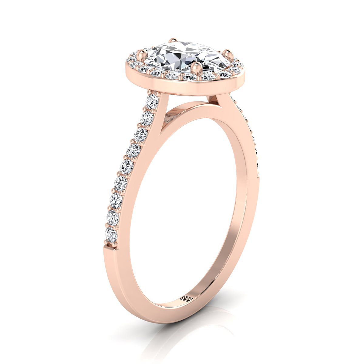 14K Rose Gold Oval Classic French Pave Diamond Halo and Linear Engagement Ring -1/3ctw