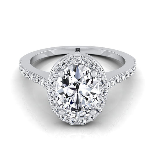 Platinum Oval Classic French Pave Diamond Halo and Linear Engagement Ring -1/3ctw