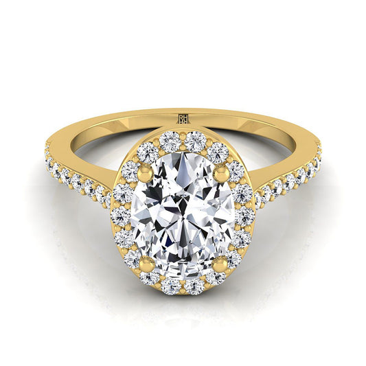 18K Yellow Gold Oval Classic French Pave Diamond Halo and Linear Engagement Ring -1/3ctw