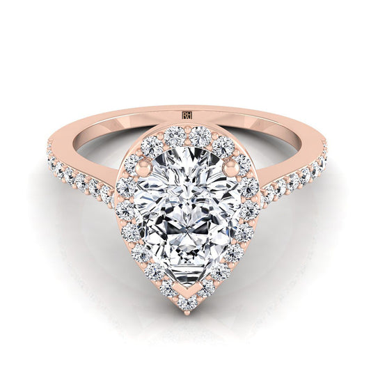 14K Rose Gold Pear Shape Center Classic French Pave Diamond Halo and Linear Engagement Ring -1/3ctw