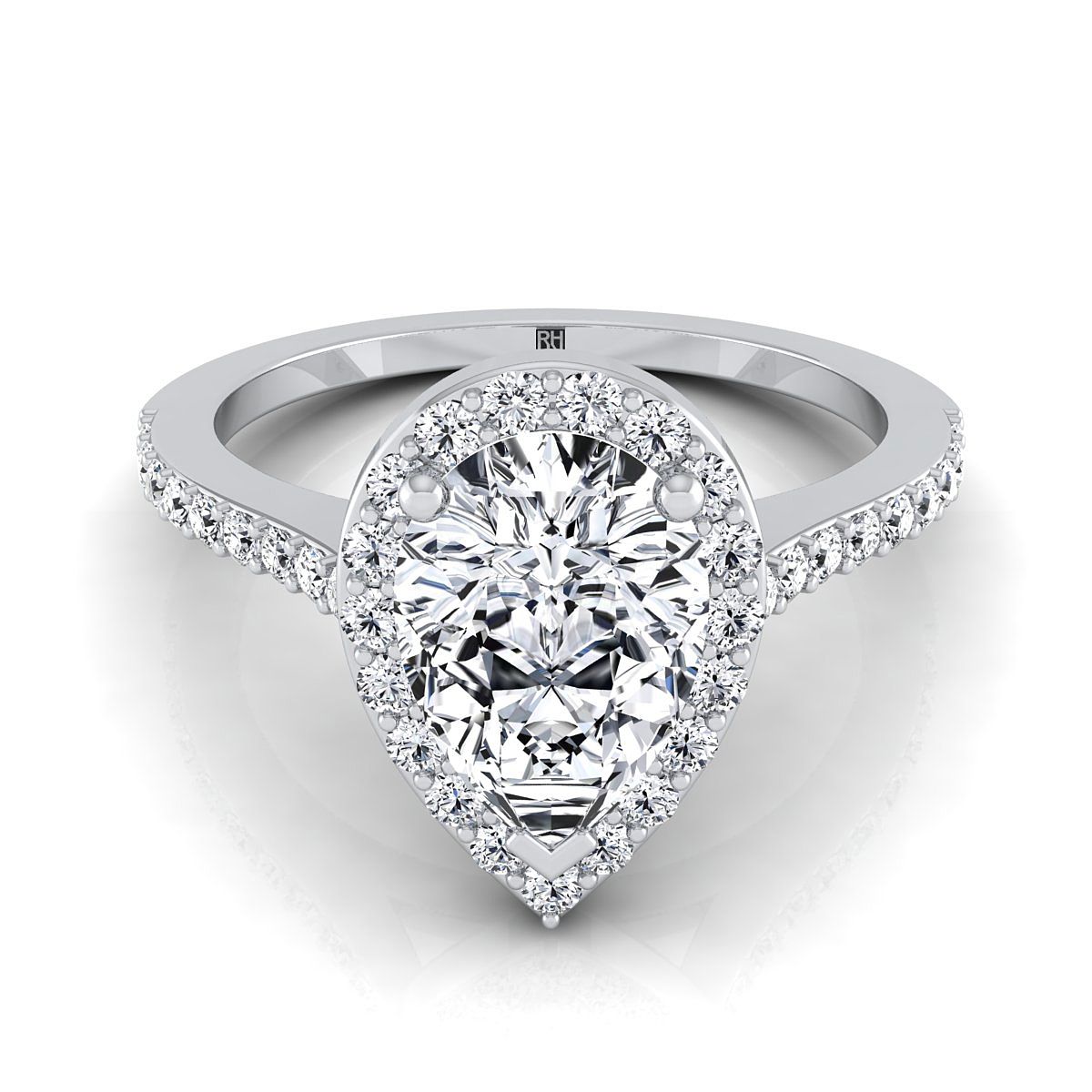 18K White Gold Pear Shape Center Classic French Pave Diamond Halo and Linear Engagement Ring -1/3ctw