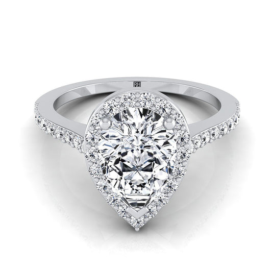 14K White Gold Pear Shape Center Classic French Pave Diamond Halo and Linear Engagement Ring -1/3ctw