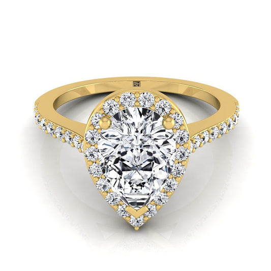 18K Yellow Gold Pear Shape Center Classic French Pave Diamond Halo and Linear Engagement Ring -1/3ctw