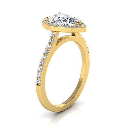 18K Yellow Gold Pear Shape Center Classic French Pave Diamond Halo and Linear Engagement Ring -1/3ctw