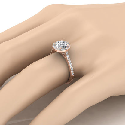 14K Rose Gold Round Brilliant Classic French Pave Diamond Halo and Linear Engagement Ring -1/3ctw