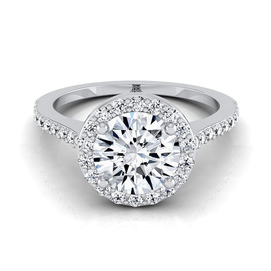 Platinum Round Brilliant Classic French Pave Diamond Halo and Linear Engagement Ring -1/3ctw