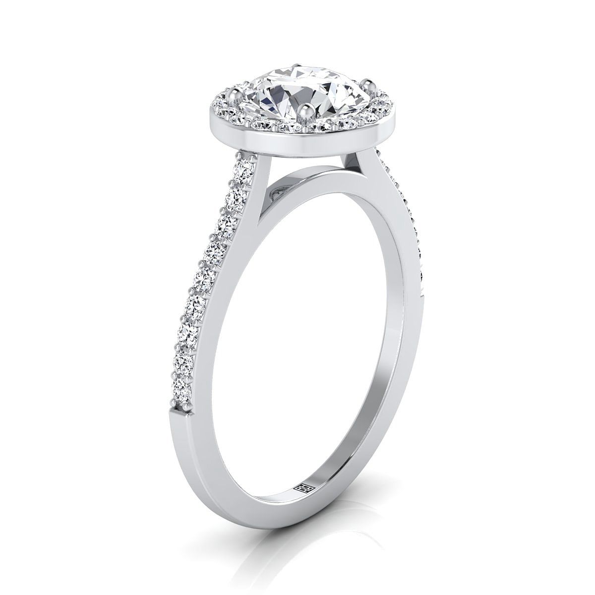 14K White Gold Round Brilliant Classic French Pave Diamond Halo and Linear Engagement Ring -1/3ctw