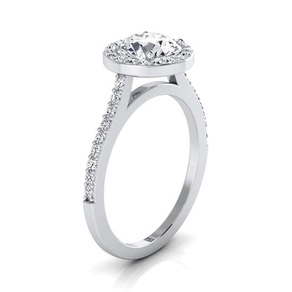 18K White Gold Round Brilliant Classic French Pave Diamond Halo and Linear Engagement Ring -1/3ctw
