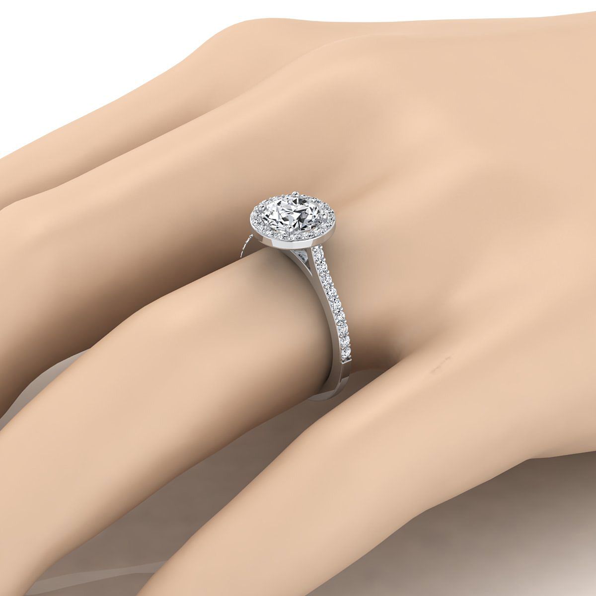 14K White Gold Round Brilliant Classic French Pave Diamond Halo and Linear Engagement Ring -1/3ctw