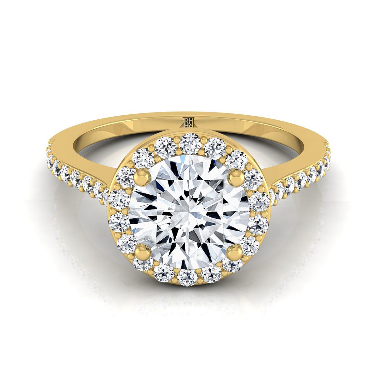 18K Yellow Gold Round Brilliant Classic French Pave Diamond Halo and Linear Engagement Ring -1/3ctw