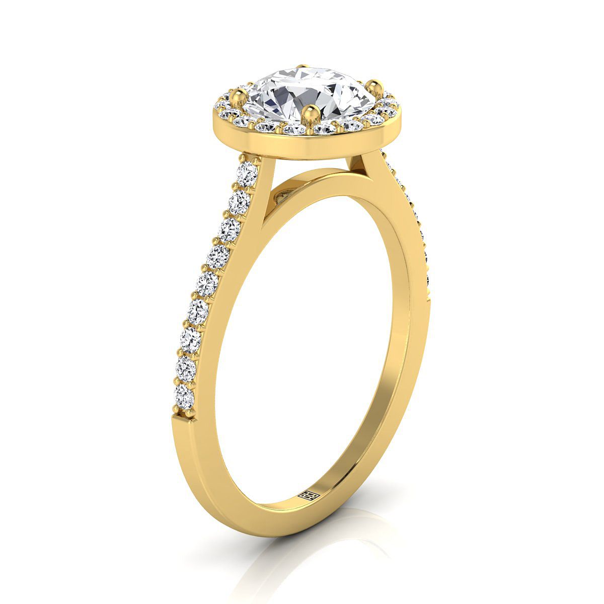 18K Yellow Gold Round Brilliant Classic French Pave Diamond Halo and Linear Engagement Ring -1/3ctw