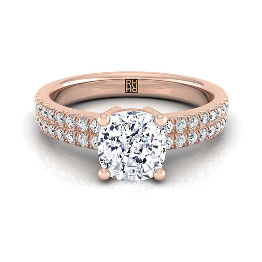 14K Rose Gold Cushion Diamond Double Pave Row Engagement Ring -1/4ctw