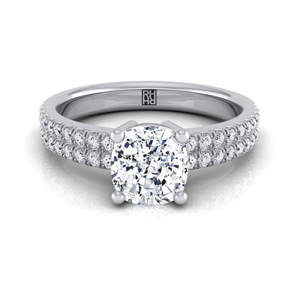 18K White Gold Cushion Diamond Double Pave Row Engagement Ring -1/4ctw
