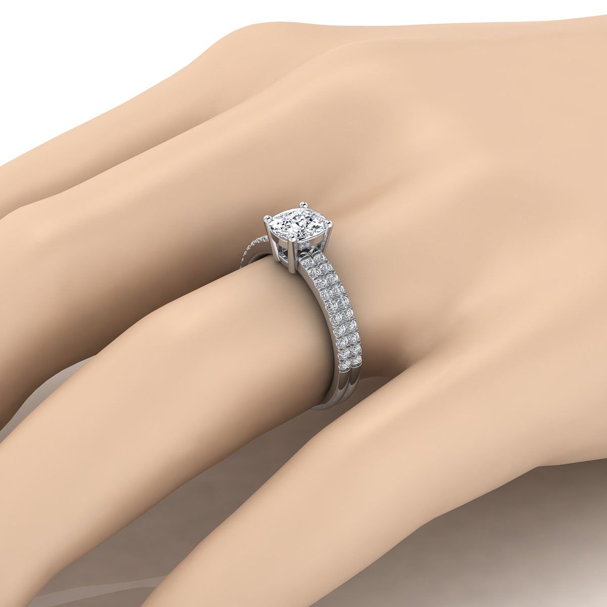 Platinum Cushion Diamond Double Pave Row Engagement Ring -1/4ctw