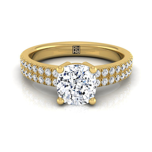 14K Yellow Gold Cushion Diamond Double Pave Row Engagement Ring -1/4ctw