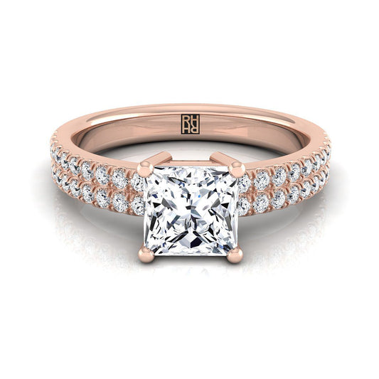 14K Rose Gold Princess Cut Diamond Double Pave Row Engagement Ring -1/4ctw