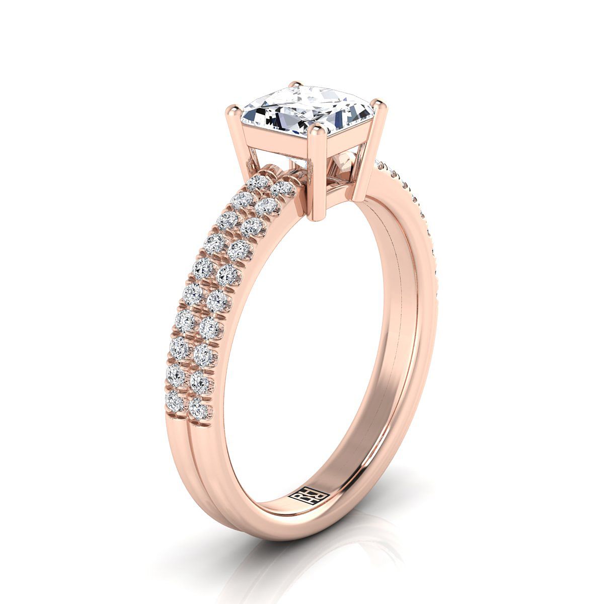 14K Rose Gold Princess Cut Diamond Double Pave Row Engagement Ring -1/4ctw