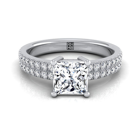 14K White Gold Princess Cut Diamond Double Pave Row Engagement Ring -1/4ctw