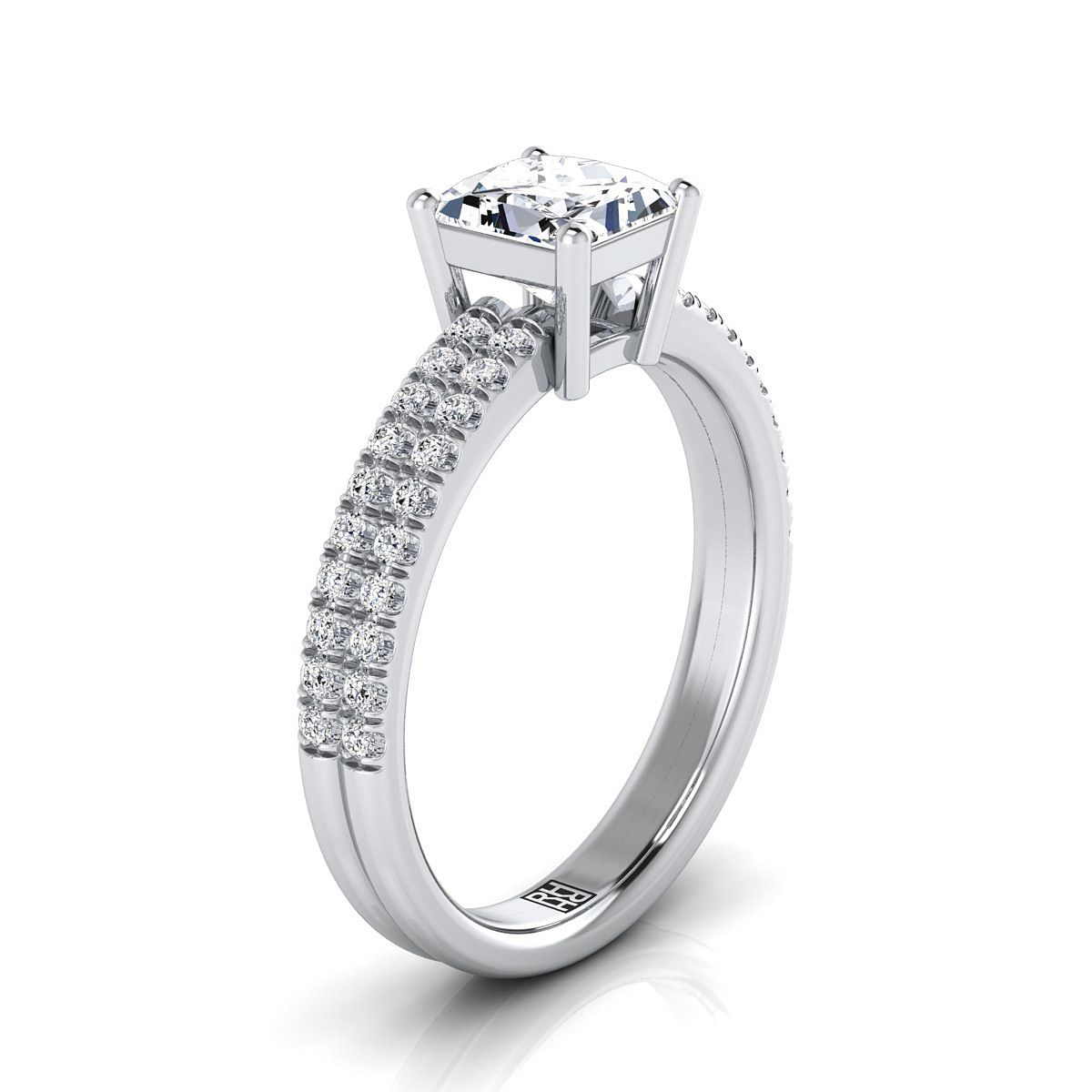 18K White Gold Princess Cut Diamond Double Pave Row Engagement Ring -1/4ctw
